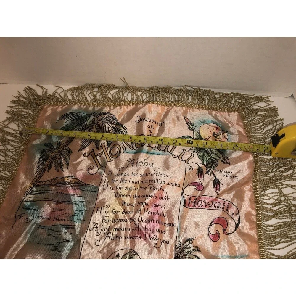 Vintage Honolulu Hawaii Satin Souvenir Pillow Cover Fringe Aloha Mid Century